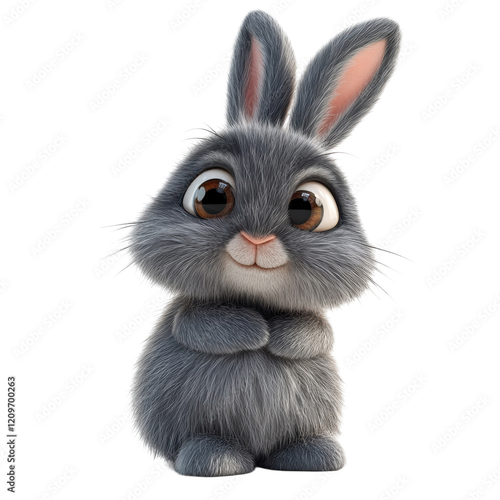 Obraz premium Fluffy Gray Bunny 3D Render on transparent background.