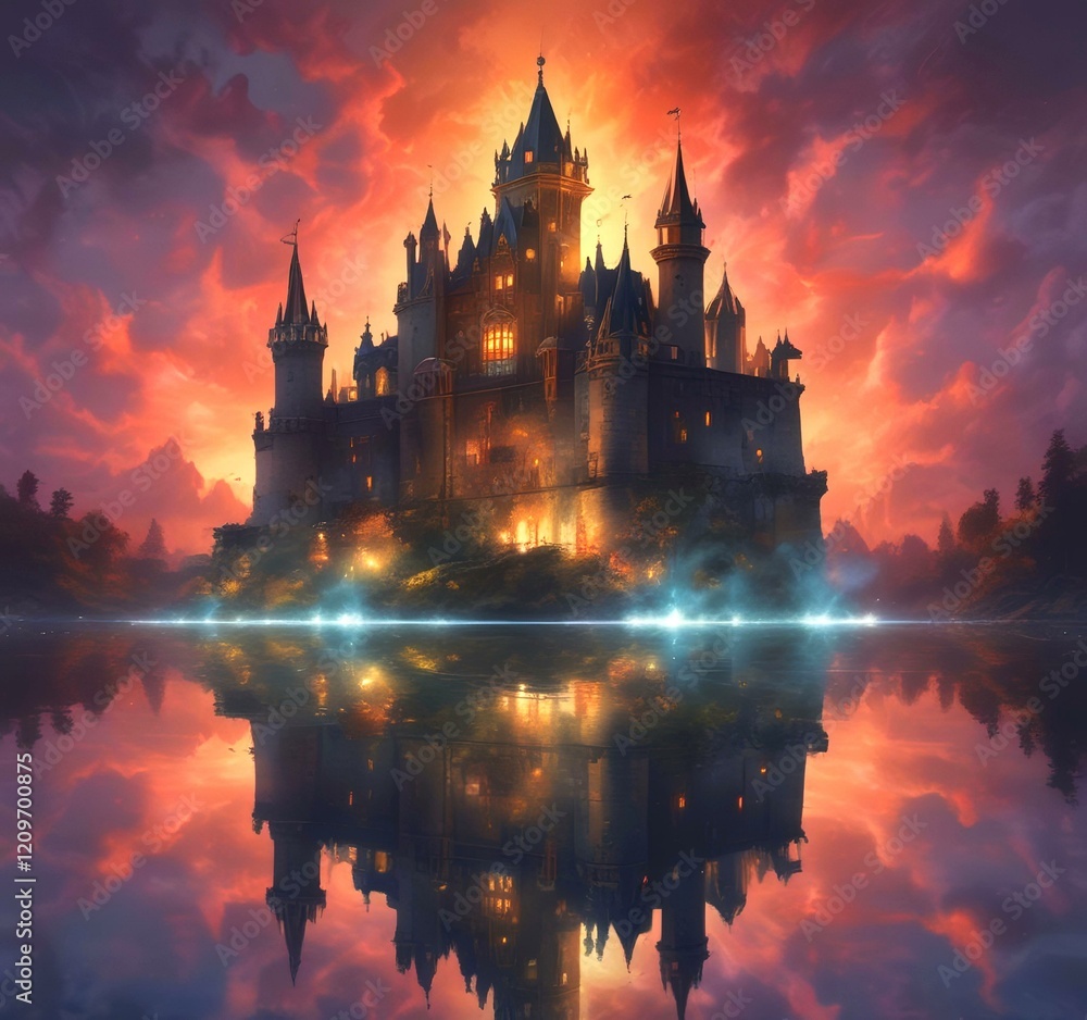 Fototapeta premium Illustration of glowing mystery tower castle in night.