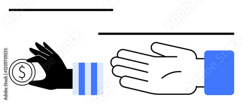 Black hand holding coin with dollar sign giving to blue-white hand below line. Ideal for e-commerce, business transactions, financial exchanges, payments, charity, donations, giving-receiving themes