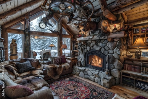 Cozy Rustic Log Cabin Retreat in Tranquil Mountain Landscape with Stone Fireplace and Taxidermy Decor