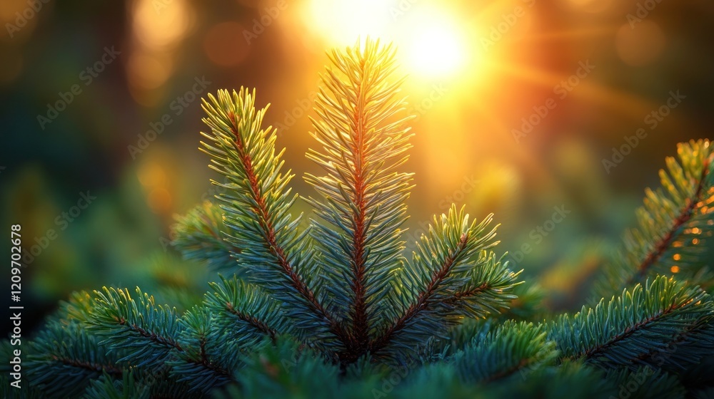 Sunrise illuminates spruce branch in forest Sunrise illuminates spruce branch in forest