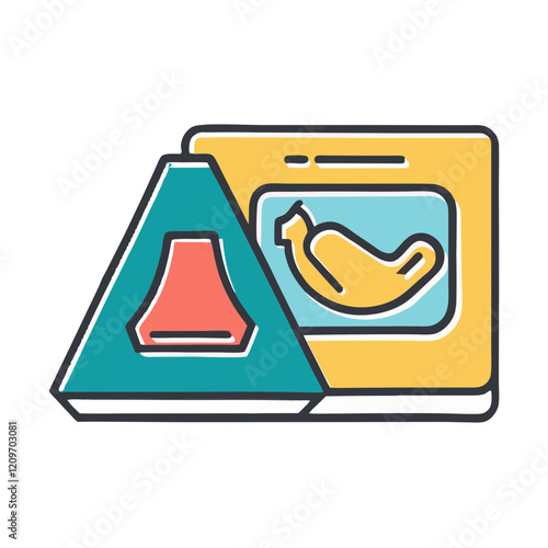 Abstract ultrasound icon with medical flask and image in yellow, teal, and red