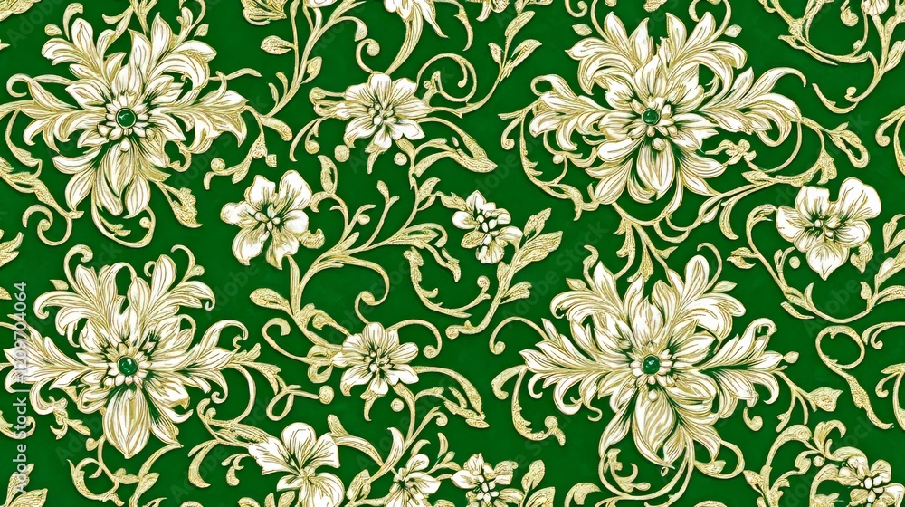 Fototapeta premium Luxurious Gold and Emerald Green Vintage Wallpaper with Intricate Damask Pattern Design. Perfect for Wall Textures, Home Decor, and Elegant Interior Styling.