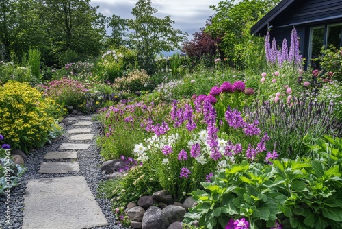 A beautiful cottage garden featuring colorful blooming flowers, including purple, yellow, and white, with a stone path leading through lush greenery under a soft cloudy sky