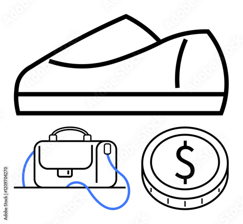 Shoe, business briefcase with strap, and dollar coin in clean line art design. Ideal for business, finance, investment, professionalism, stability career growth wealth creation. Abstract line flat