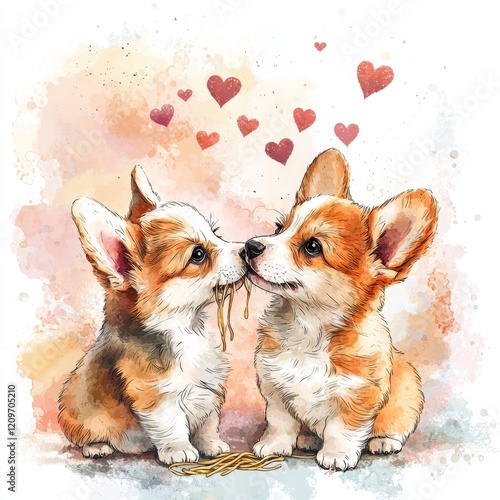 Adorable Corgi Puppies Sharing Noodles Watercolor Valentine s Illustration photo