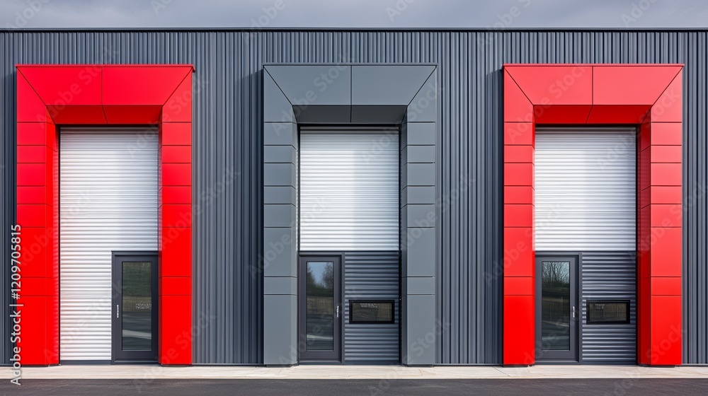 Fototapeta premium Minimalist Gray and Red Metal Building with Windows and White Roller Shutter Doors Against a Gray Sky. Modern Industrial Architecture and Abstract Geometric Design Concept.