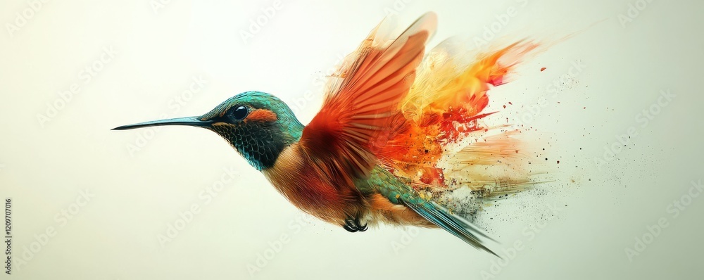 Fototapeta premium A photorealistic image of a hummingbird hovering in mid-air, its wings beating so fast they blur into motion.