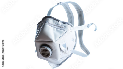 A single N95 face mask with a built-in filter and adjustable straps, isolated on aTransparent background, PNG file . The mask is shown with a close-up view of its filter and nosepiece photo