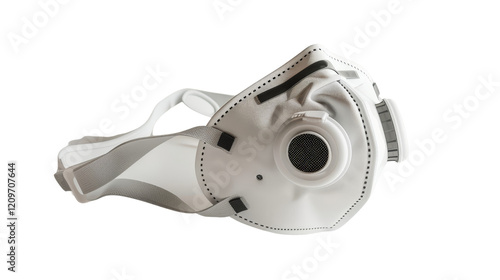 A single N95 face mask with a built-in filter and adjustable straps, isolated on aTransparent background, PNG file . The mask is shown with a close-up view of its filter and nosepiece photo