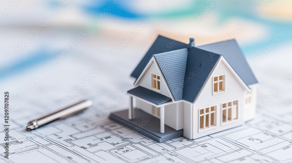 A detailed view of a model house placed on a blueprint, showcasing architectural design and planning elements in a professional context. A detailed view of a model house placed on a blueprint, showcasing architectural design and planning elements in a professional context.