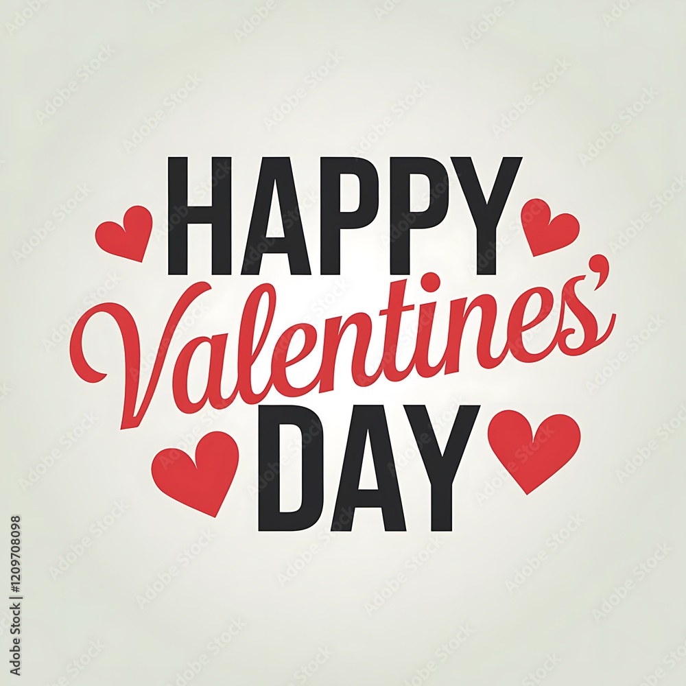 Fototapeta premium Happy Valentine's Day Lettering. 14th of February greeting card. Black and Red inscription with hearts on a white background. 