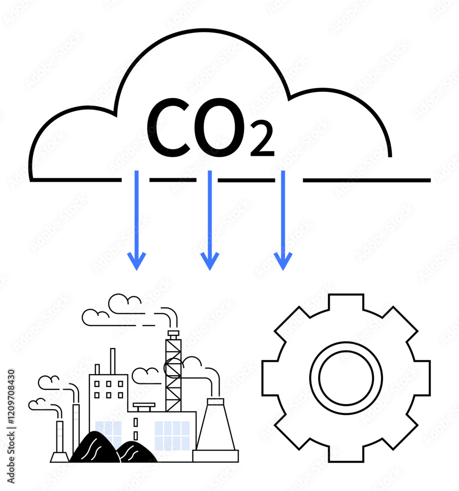 CO2 cloud over a factory emitting smoke, gear symbolizing innovation and eco-tech. Ideal for climate change, emissions reduction, sustainable energy, green tech, air pollution, industrial solutions CO2 cloud over a factory emitting smoke, gear symbolizing innovation and eco-tech. Ideal for climate change, emissions reduction, sustainable energy, green tech, air pollution, industrial solutions