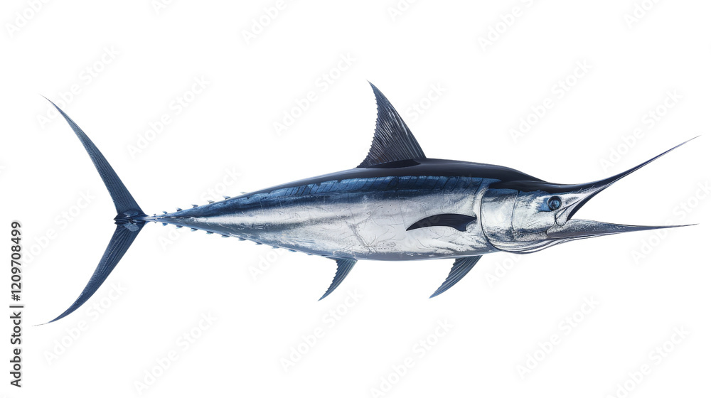 Obraz premium A sleek, dark marlin with its elongated body and sharp bill, isolated on aTransparent background, PNG file . The fish's impressive size and streamlined shape are showcased beautifully