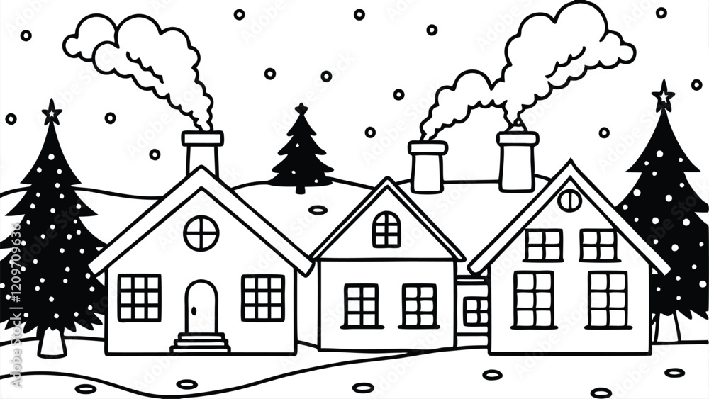 Outlined Winter Village with Snow-Covered Roofs and Charming Houses Outlined Winter Village with Snow-Covered Roofs and Charming Houses
