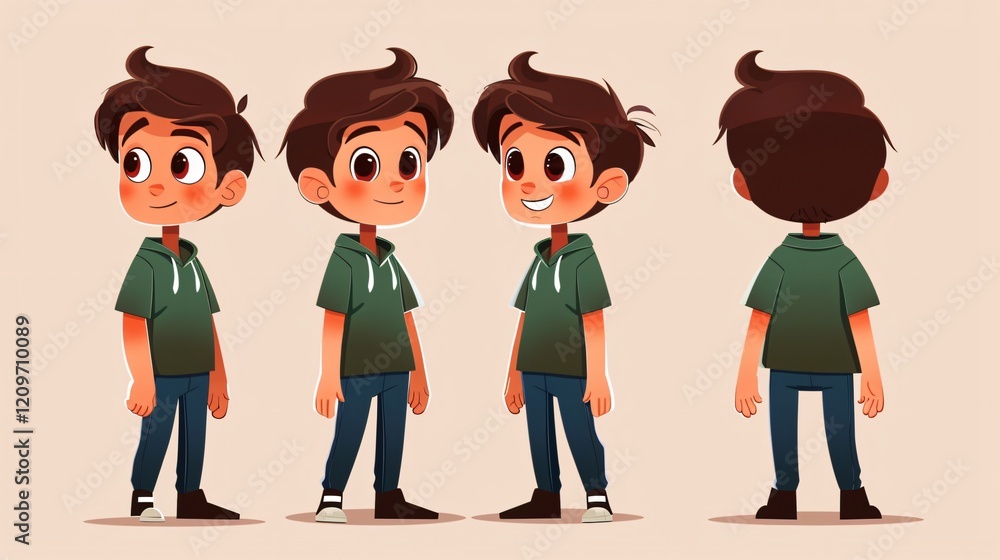Naklejka premium Smiling Cartoon Kid Character - Front View Boy Smiling in V Shape Shirt