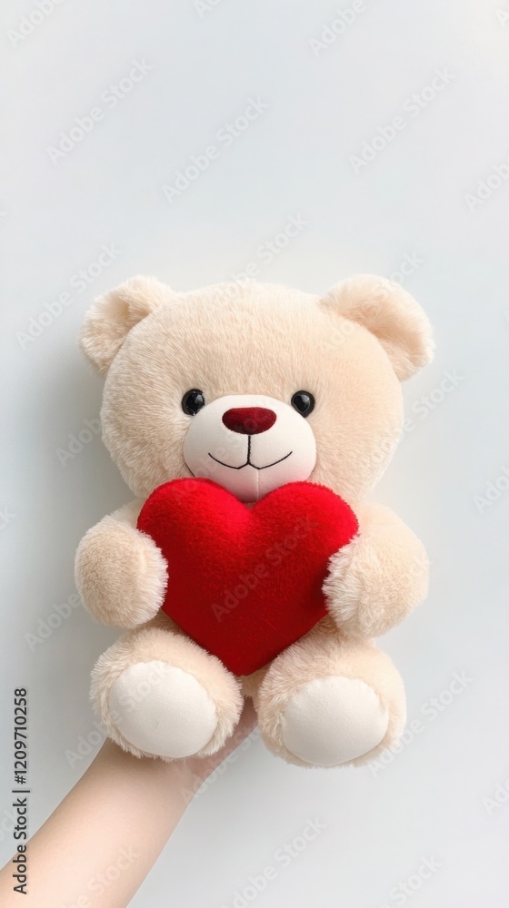 Obraz premium A cute Teddy bear holding a red heart, romantic and adorable, soft textures, white background