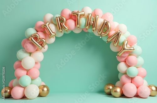 Birthday arch with balloons on beach, sea background, copyspace available photo