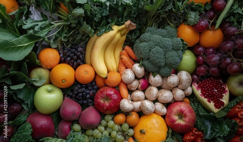 Fototapeta Naklejka Na Ścianę i Meble -  Many different types of fruits and vegetables are on the table