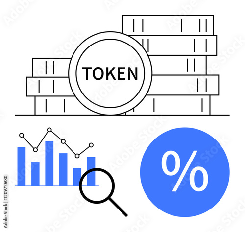 Stacked tokens labeled TOKEN, bar graph with magnifying glass, and percentage symbol. Ideal for cryptocurrency, finance, investment, blockchain, data analysis economics digital assets. Abstract