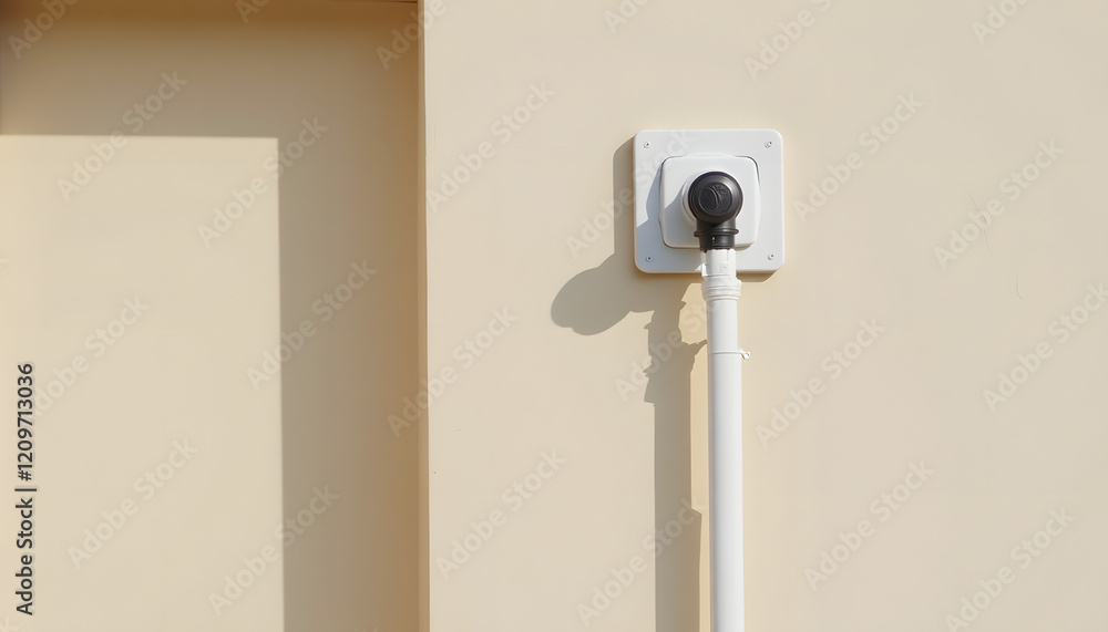 Drain outlet connection mounted on a beige wall with shadow Drain outlet connection mounted on a beige wall with shadow
