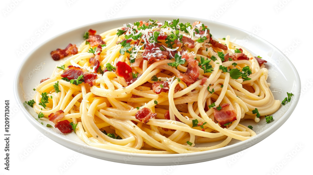 Traditional plate of spaghetti carbonara with crispy bacon and creamy sauce, isolated on aTransparent background, PNG file Traditional plate of spaghetti carbonara with crispy bacon and creamy sauce, isolated on aTransparent background, PNG file