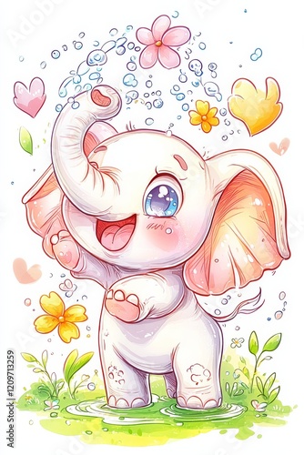 Playful elephant spraying water in a cheerful garden illustration vibrant cartoon style