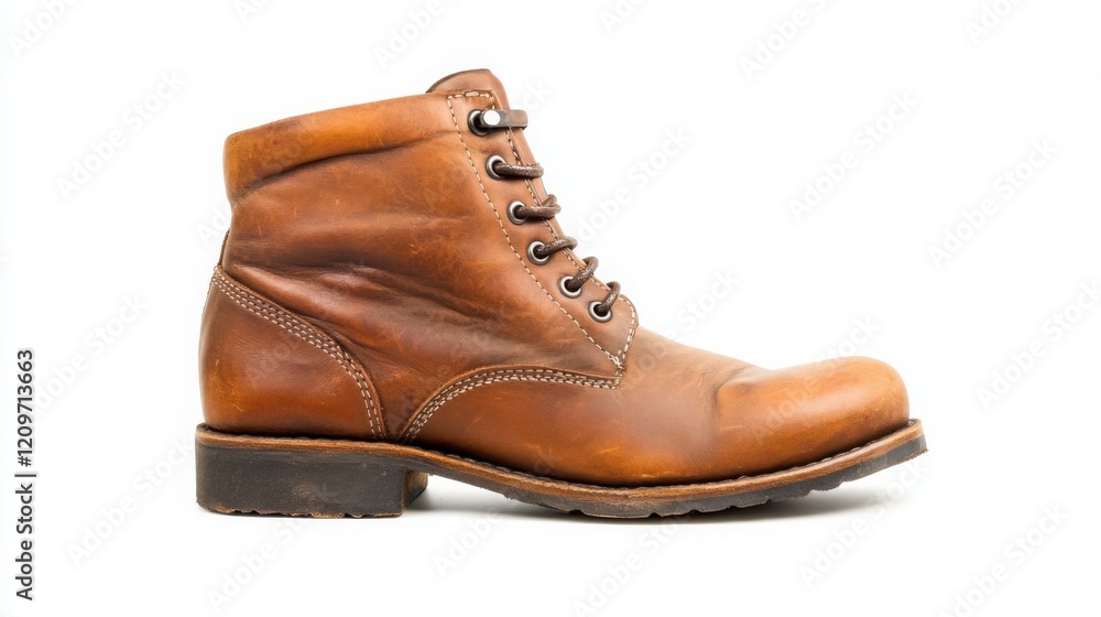 A single leather boot with detailed stitching and worn textures, white background