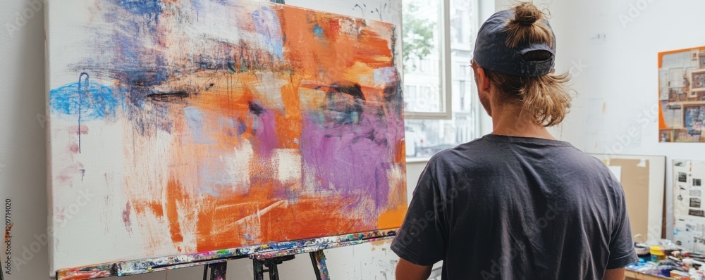 Portrait of a young artist painting on a large canvas in a bright studio. Portrait of a young artist painting on a large canvas in a bright studio.