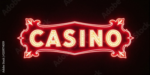 Vibrant neon casino sign illuminates a poker table, casting electric glow on scattered chips and playing cards, capturing gambling's intense allure.