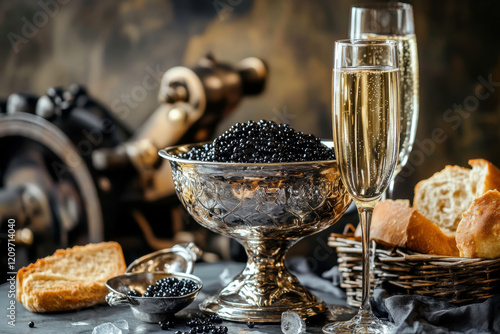 A luxurious display of black caviar in an ornate silver bowl, accompanied by champagne flutes and fresh bread. The dark, vintage-inspired background enhances the opulent and refined atmosphere of this photo