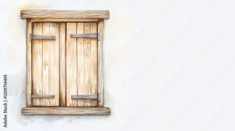 Fototapeta premium A watercolor painting of a rustic window with closed wooden shutters, soft pastel tones