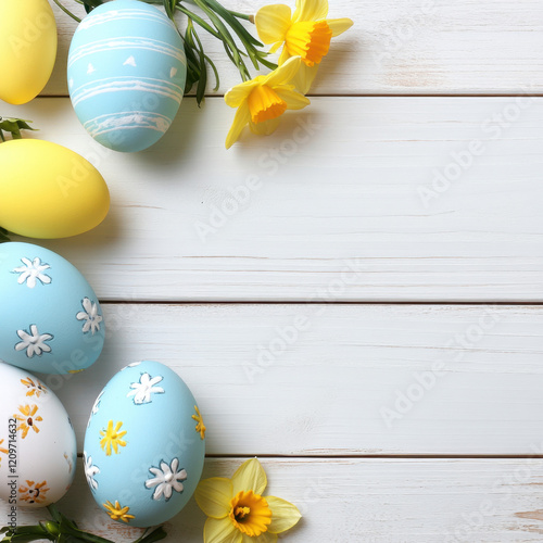 Beautifully decorated Easter eggs in pastel shades with floral patterns, placed alongside bright yellow daffodils on a white wooden background, creating a festive spring atmosphere.  
