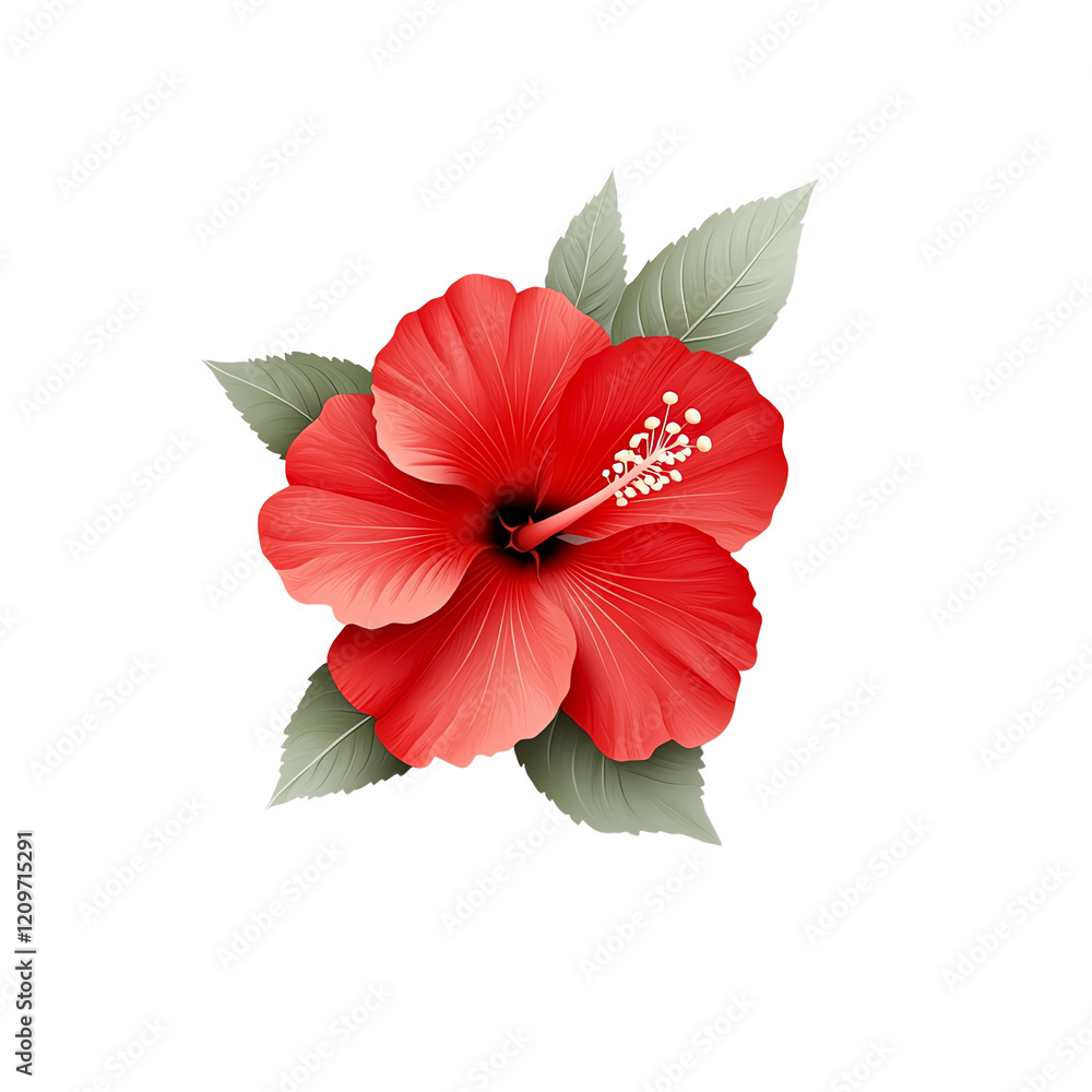 Obraz premium A stunning red hibiscus flower with lush green leaves, showcasing nature's vibrant beauty and intricate details. Perfect for floral enthusiasts and nature photography lovers.