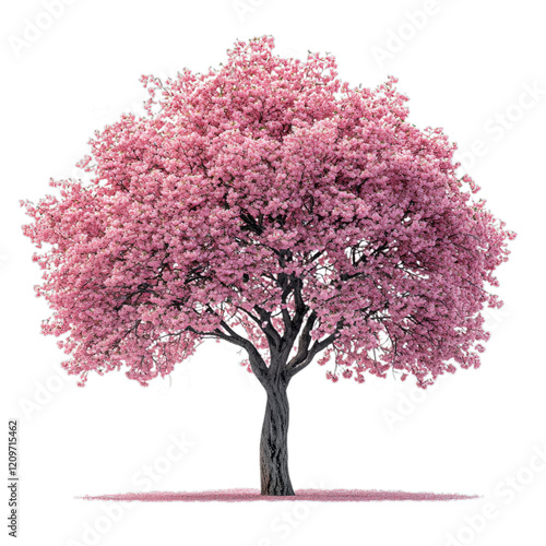 Pink sakura tree blooming on white background.
