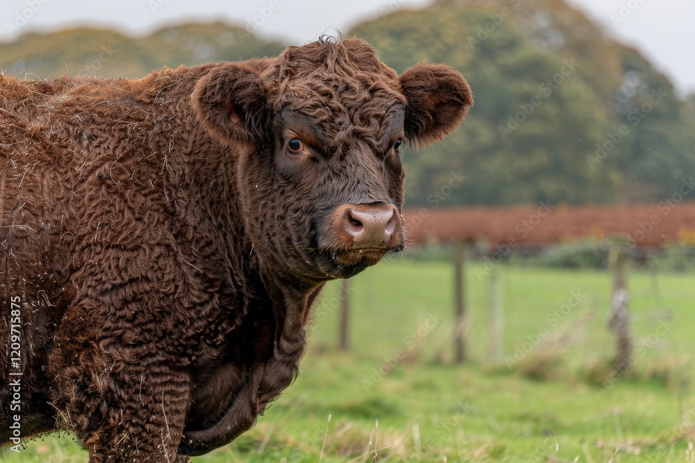 A close-up of a brown, fluffy cow standing in a green pasture, with trees in the background, showcasing its unique texture and calm demeanor. A close-up of a brown, fluffy cow standing in a green pasture, with trees in the background, showcasing its unique texture and calm demeanor.
