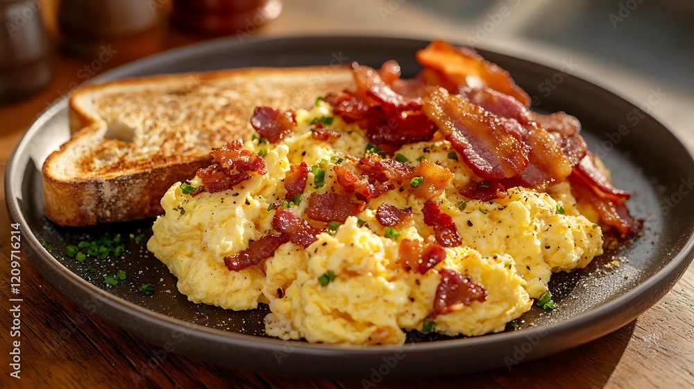 Plate of fluffy scrambled eggs with crispy bacon and toast Plate of fluffy scrambled eggs with crispy bacon and toast