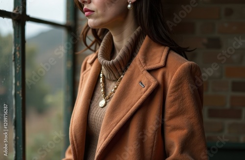 close-up of woman in brown coat with black buttons and gold necklace