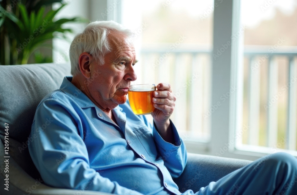 An elderly man in blue pajamas sits on a chair with a cup of tea near the window. An elderly man in blue pajamas sits on a chair with a cup of tea near the window.