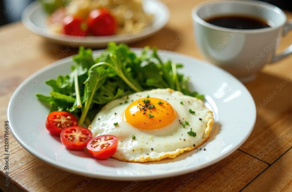 Fried eggs with cherry tomatoes and arugula on a white plate. Breakfast concept. Fried eggs with cherry tomatoes and arugula on a white plate. Breakfast concept.