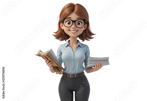 3D Cute cartoon female teacher character on transparent background. Generative AI