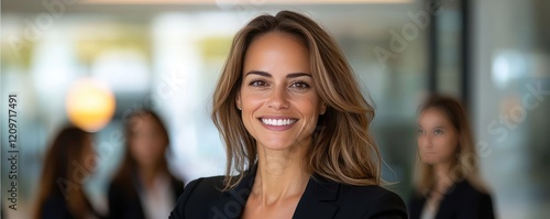 Women leadership idea. Confident woman smiling in a professional environment, showcasing success and positivity.