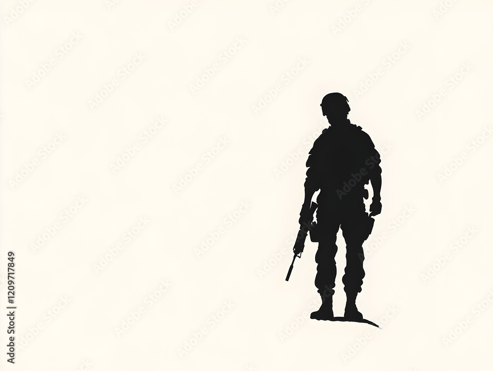 Fototapeta premium A minimalist silhouette of a soldier in full gear, holding a combat knife. Soldier with knife illustration.