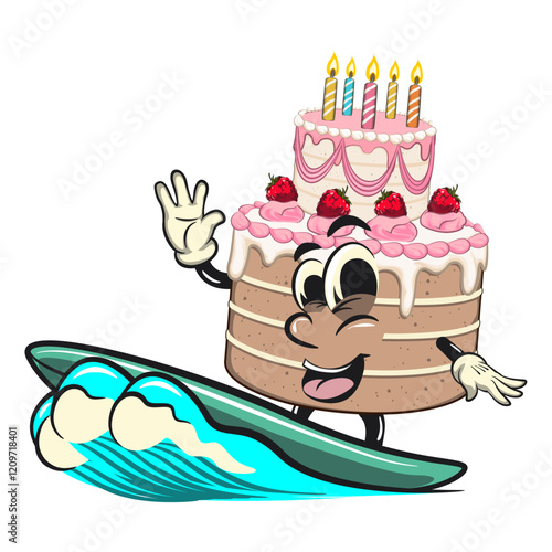 cute birthday and weading tart cake cartoon character mascot surfing riding the waves, work of hand drawn