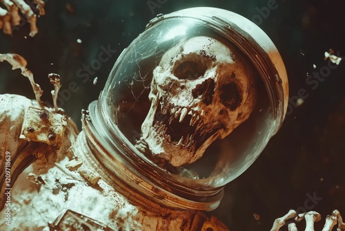 Skull in spacesuit floats, decaying into darkness.