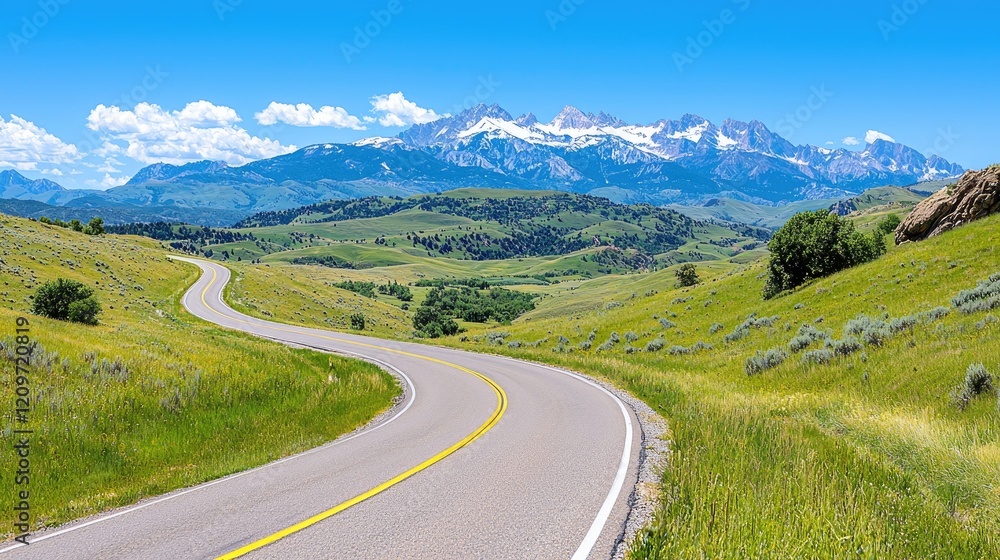 Winding road through green valley towards snow-capped mountains; summer landscape Winding road through green valley towards snow-capped mountains; summer landscape
