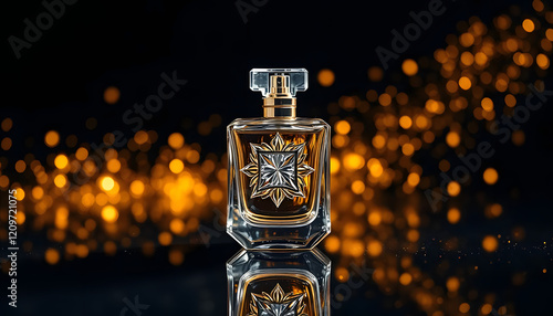Luxurious glamorous shot of a crystal-like perfume bottle on a reflective surface surrounded by soft golden glitter