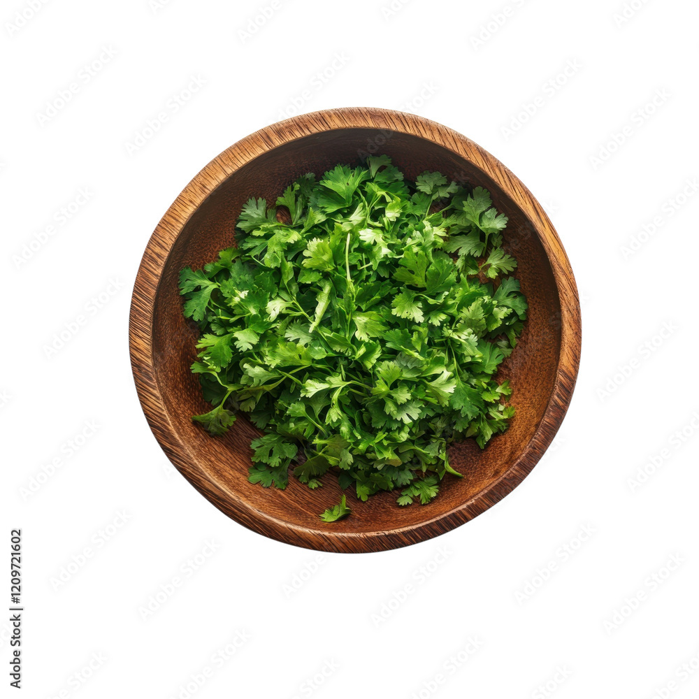 Fresh Cilantro in Wooden Bowl on transparent background. Fresh Cilantro in Wooden Bowl on transparent background.