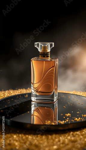 Luxurious glamorous shot of a wave-designed perfume bottle on a reflective surface