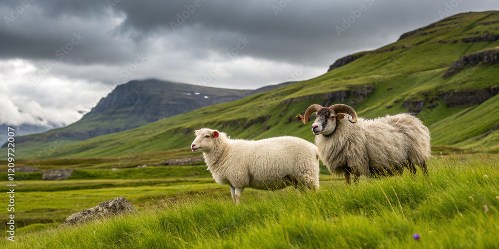 A Scenic View of a Sheep and Ram in a Lush Green Pasture